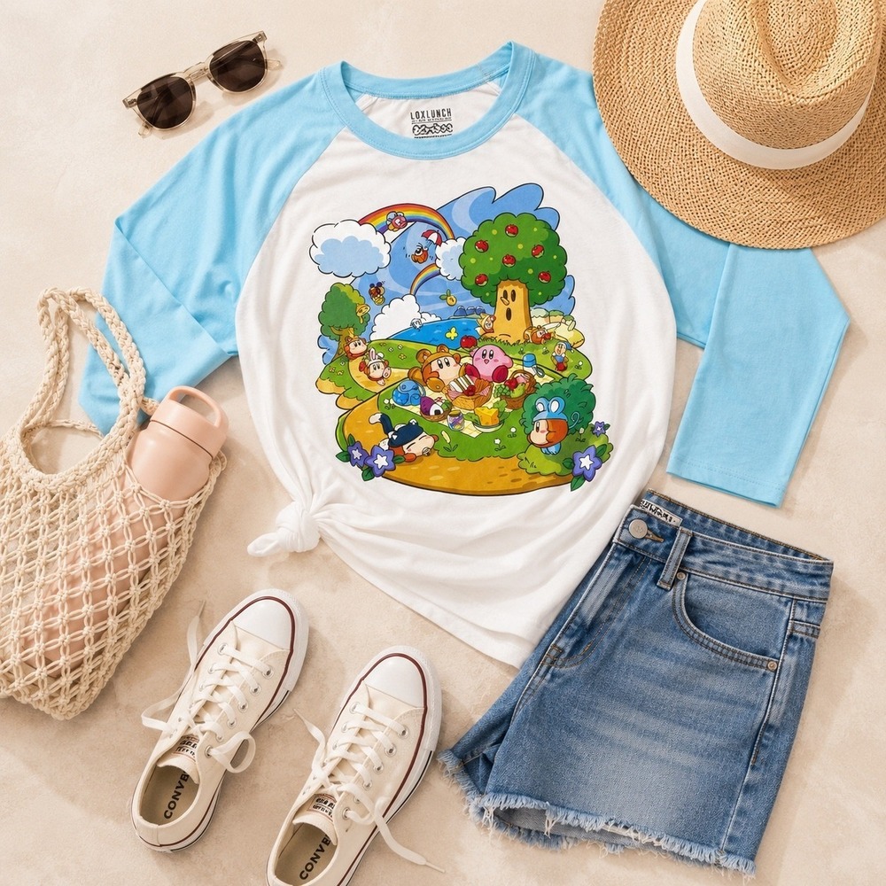 BoxLunch Kirby Picnic Raglan T-Shirt Women L Blue White 3/4 Sleeve Kidcore Retro